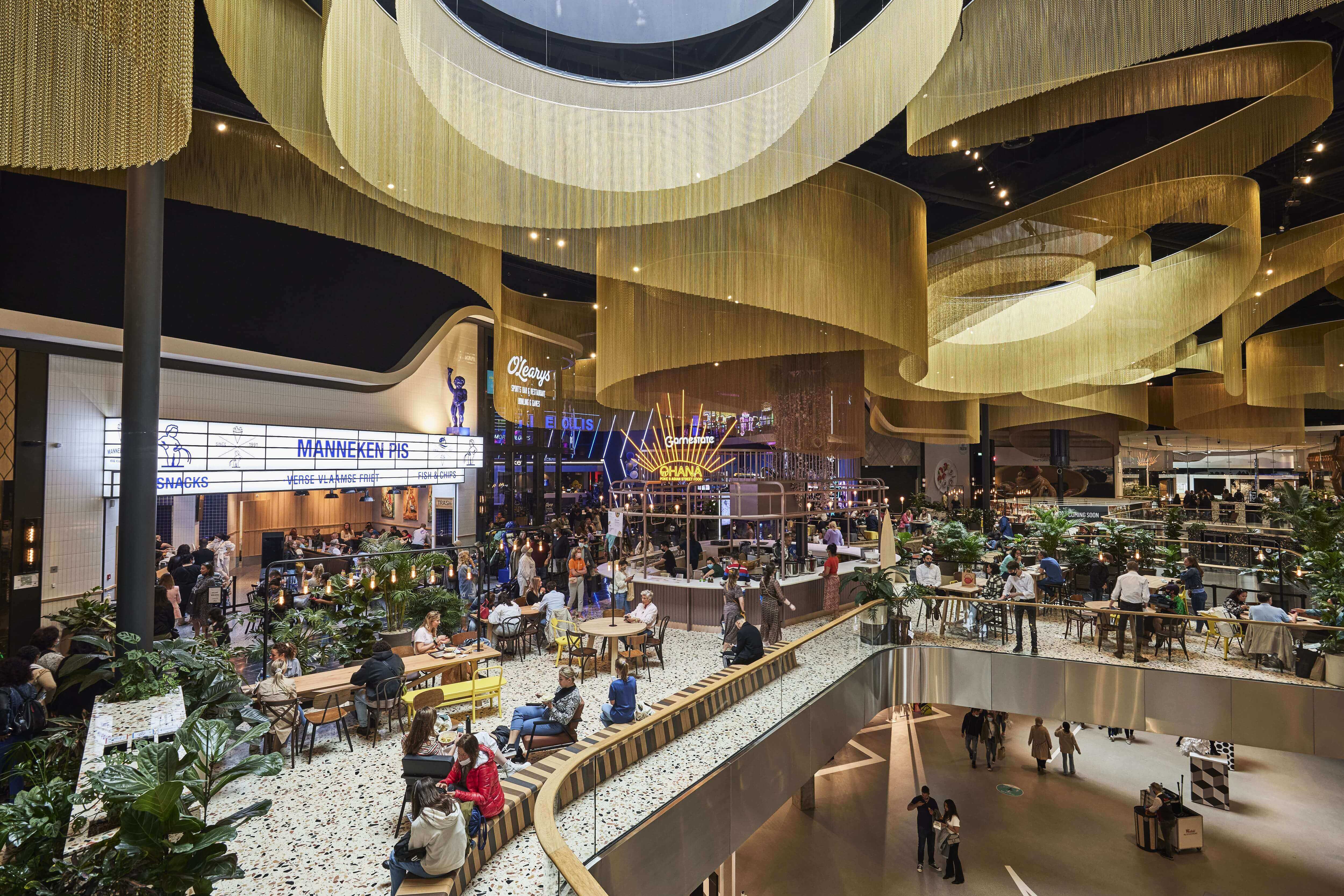 Stunning golden ceiling curtains at Westfield Mall of the Netherlands